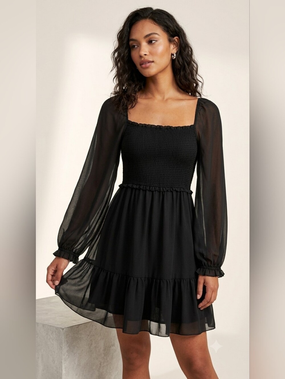 Wilfred Black Sheer Sleeve Smocked Mini Dress